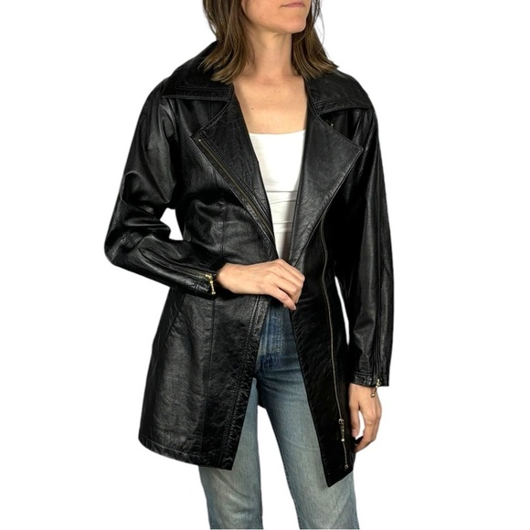 VINTAGE PROMODA GENUINE LEATHER BLACK CLASSIC ASYMMETRIC ZIP FRONT BELTED JACKET - Picture 2 of 16